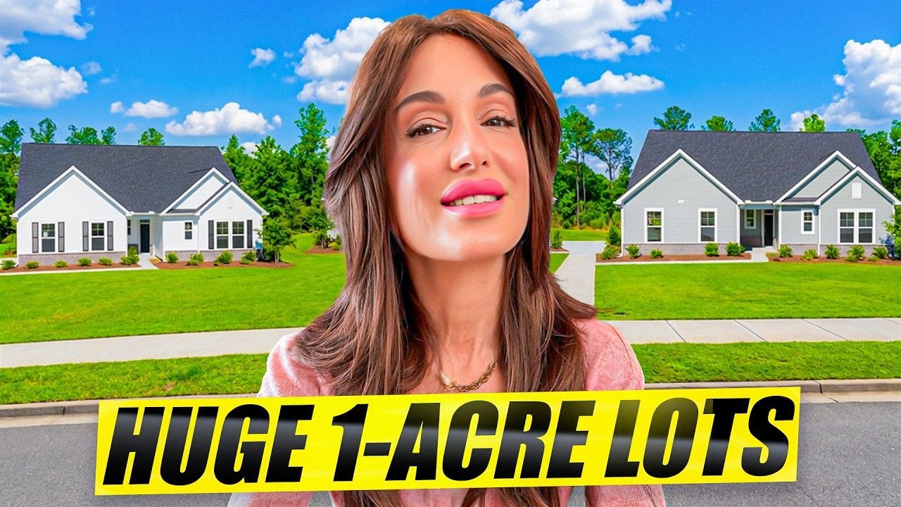 A woman stands in front of two houses on large, green lawns, with a yellow banner that reads 