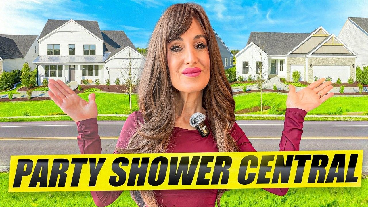 Woman in front of houses with arms outstretched, text