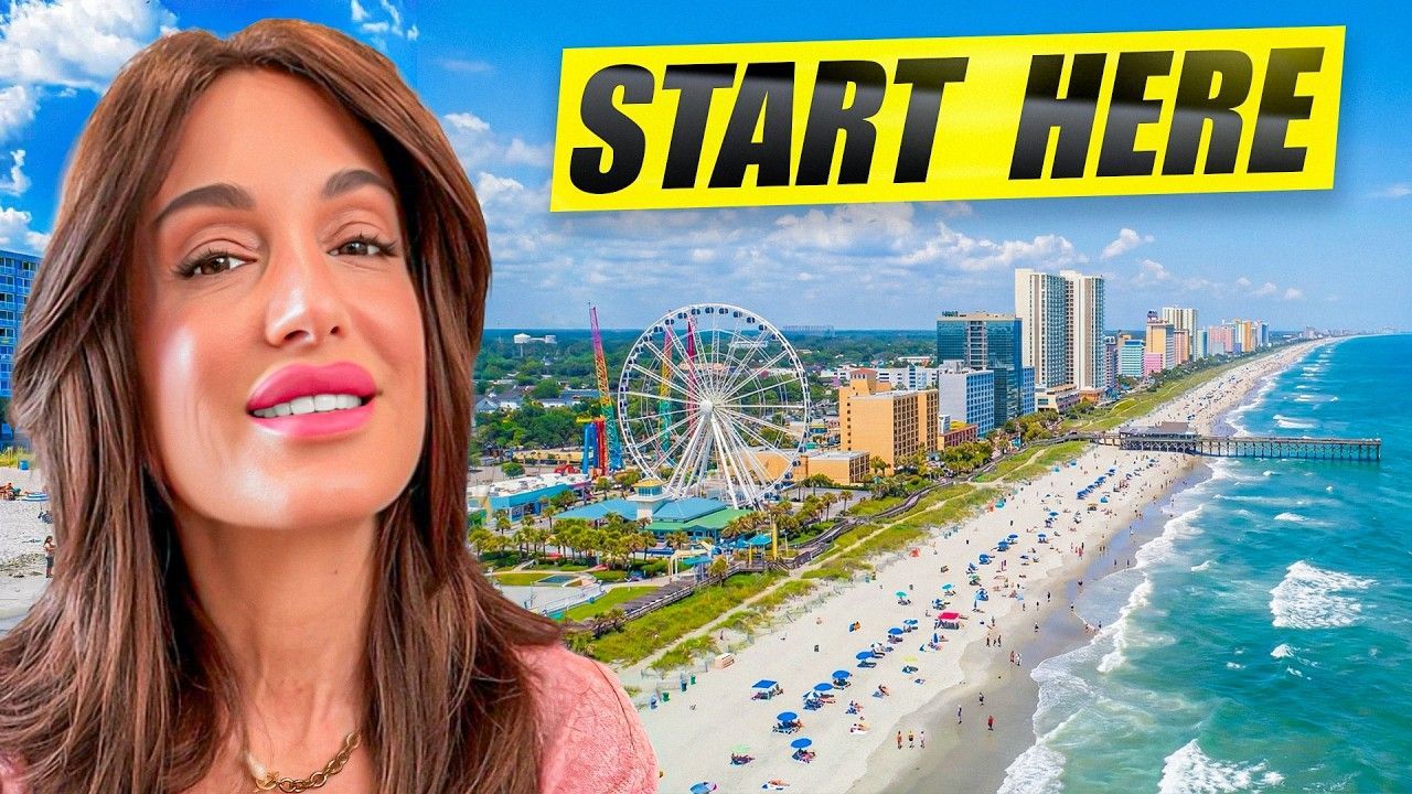 A person faces the camera next to a beach scene featuring a Ferris wheel and the text 