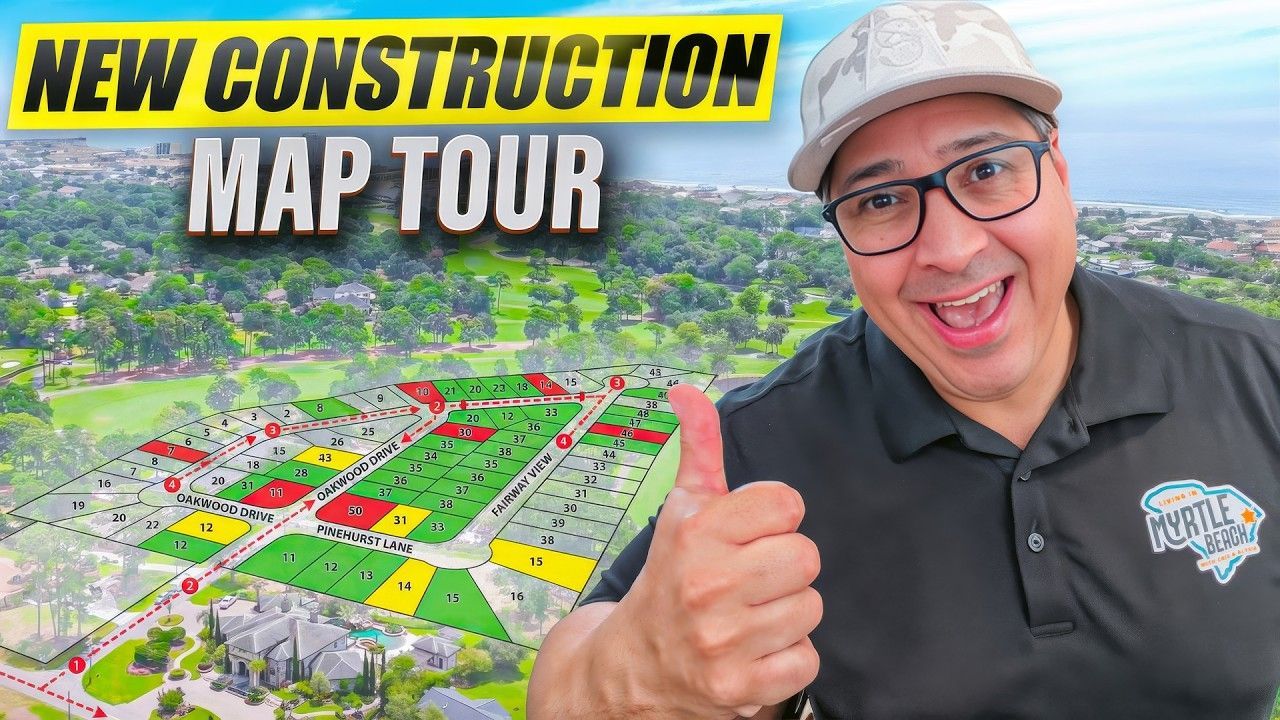 Man holding a thumbs-up next to a map overlaying a green area with highlighted construction zones.