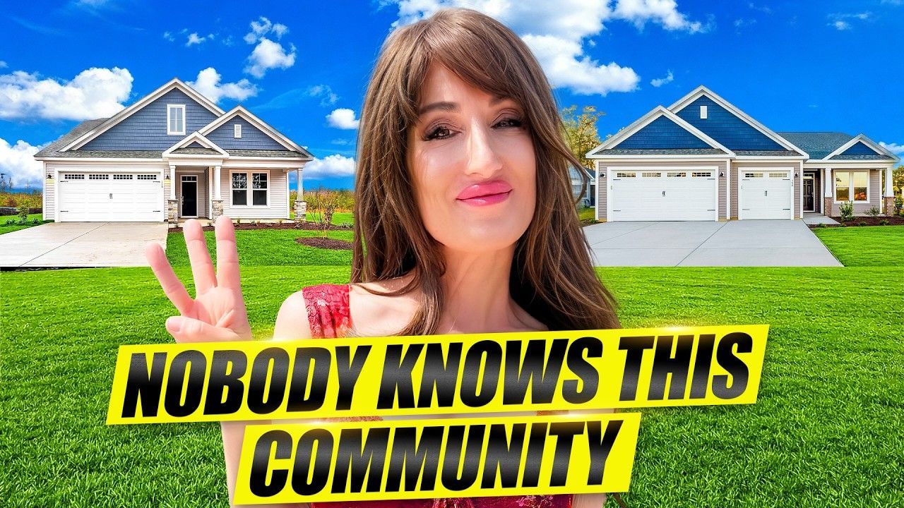 A woman gestures with three fingers in front of two suburban houses under a bright blue sky, with yellow text overlay.