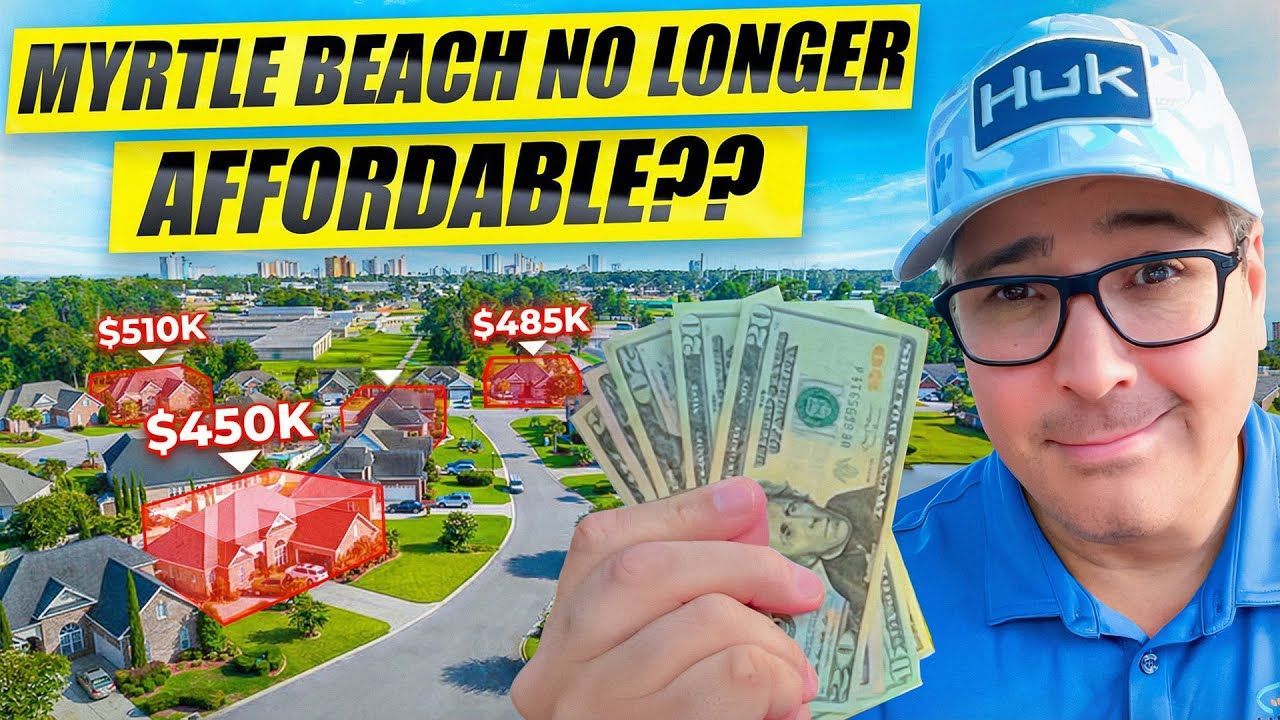 A person holding cash in front of a suburban neighborhood, with text asking if Myrtle Beach is no longer affordable.