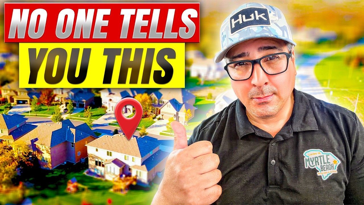 A person with glasses and a hat pointing at a residential neighborhood graphic with a location pin and bold text overlay.