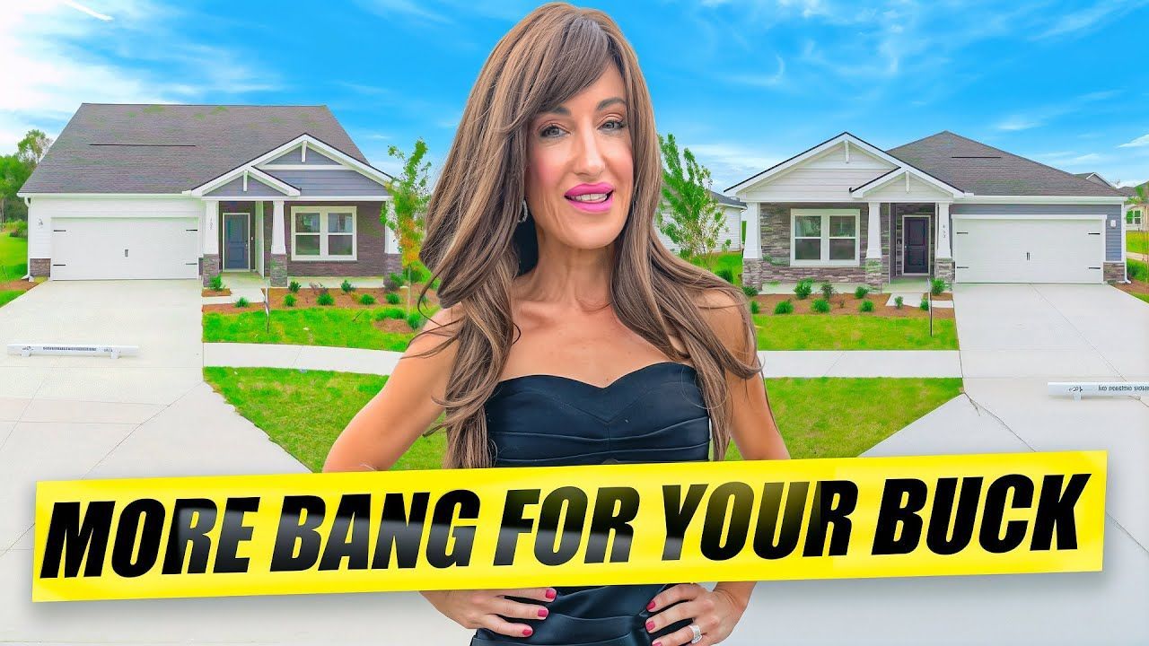 Woman in front of two houses, text