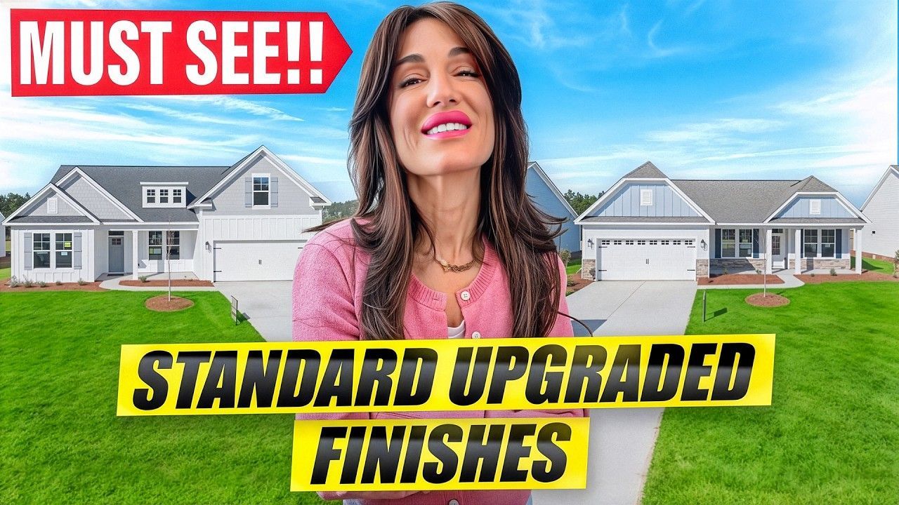 Woman stands in front of new homes; text says 