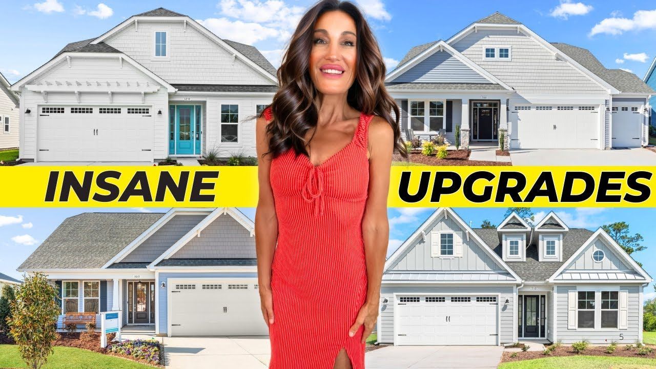 Woman in red dress with four houses in the background. Text reads