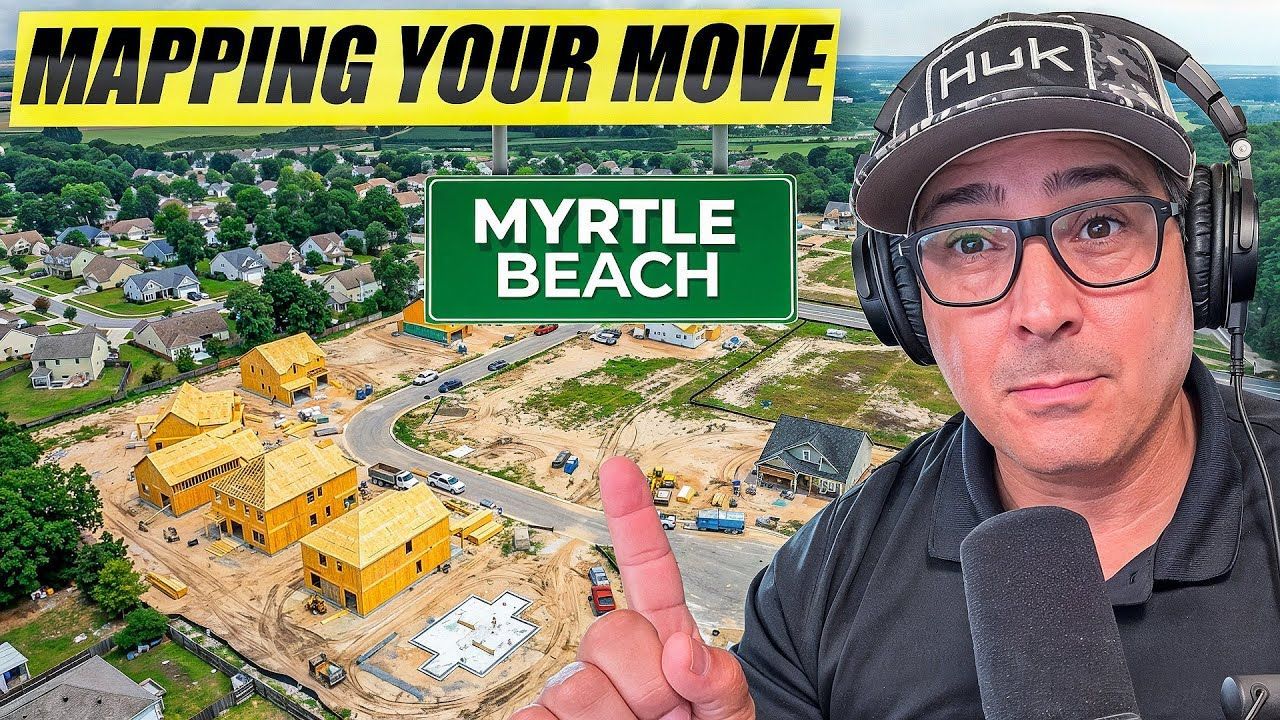 Man with headphones pointing at aerial view of Myrtle Beach construction site.