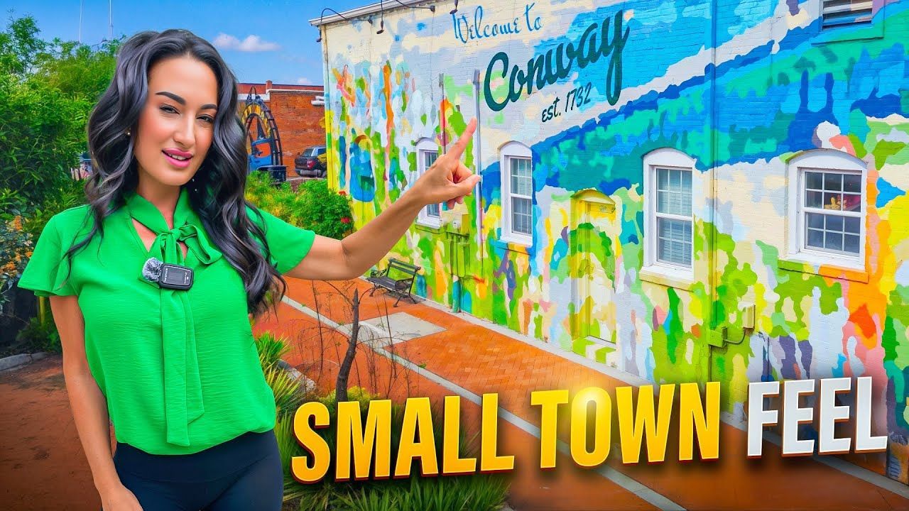 Woman pointing at mural in Conway, AR; text overlay 