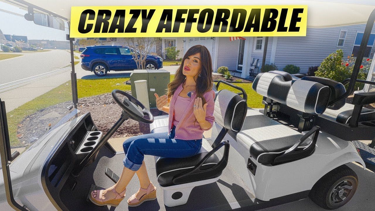 Woman in a golf cart; text reads 