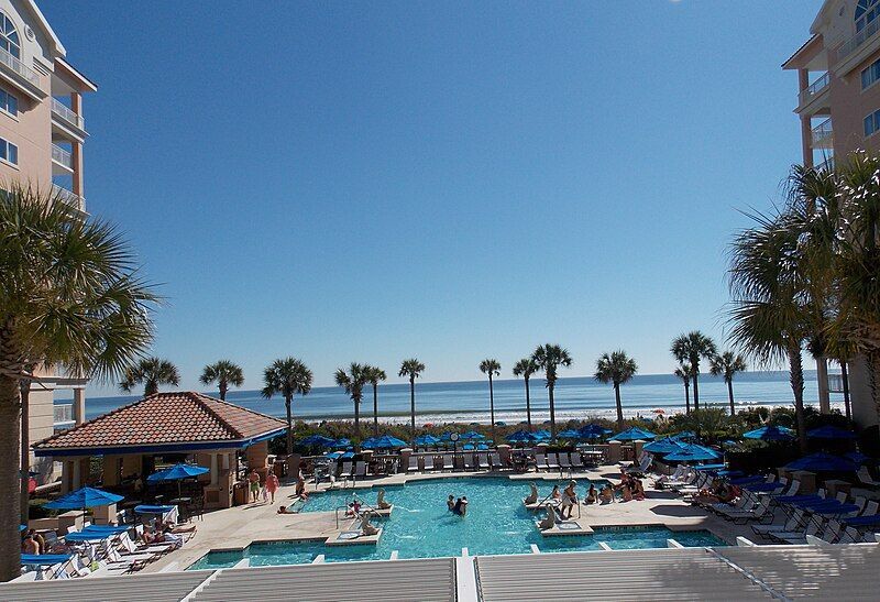 A large swimming pool surrounded by palm trees and umbrellas