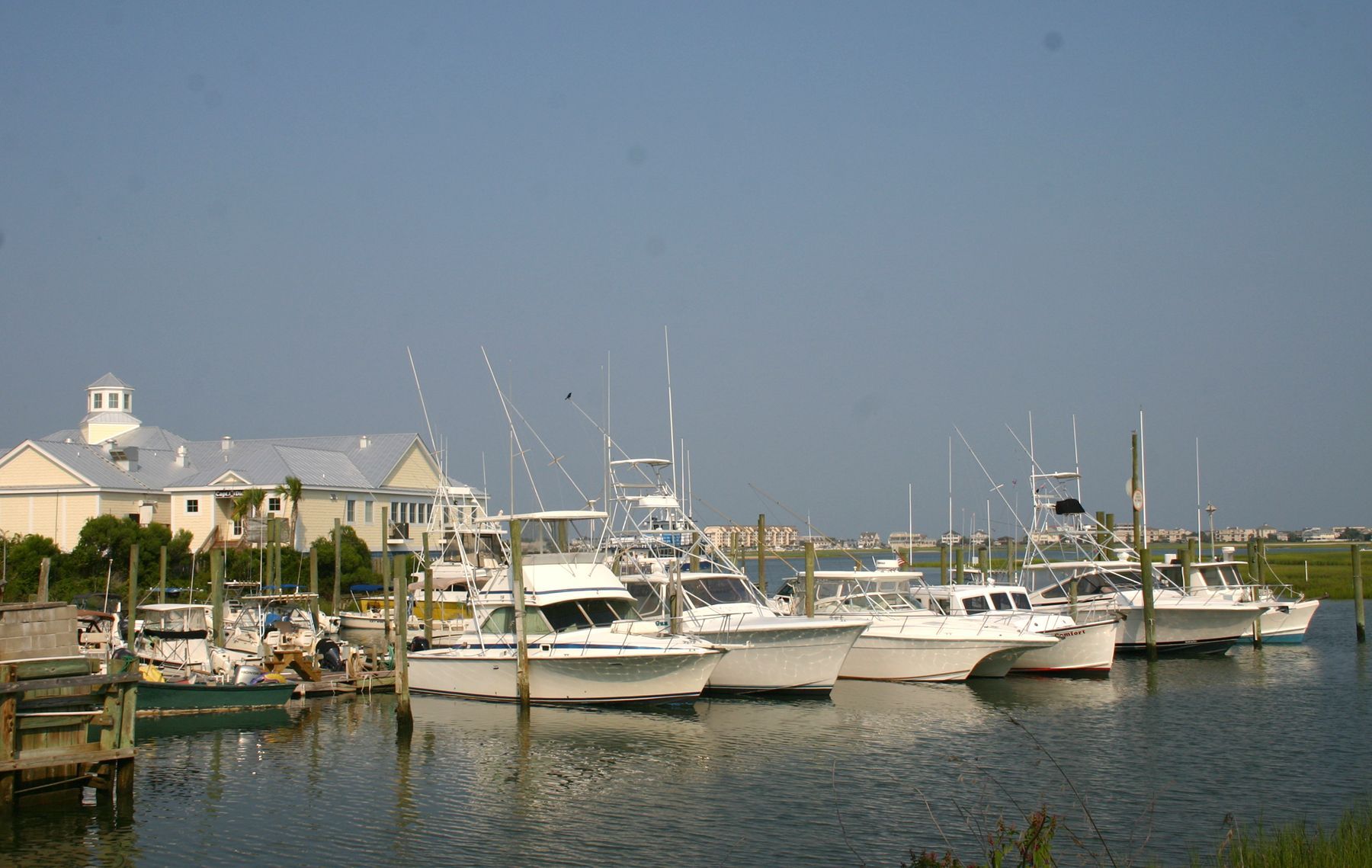 A row of white boats are docked in a marina