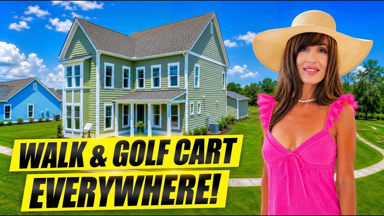 Luxury house with a golf cart and a woman in a pink top and straw hat; text says “WALK & GOLF CART EVERYWHERE!”