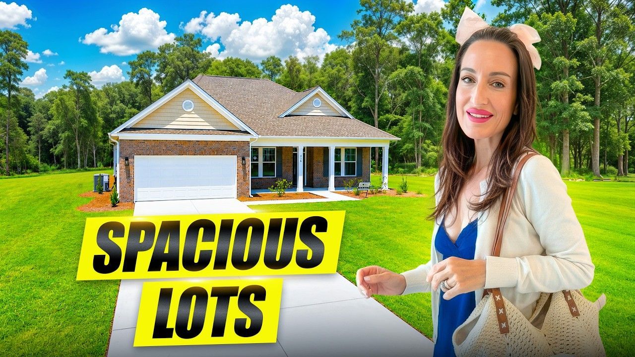 House with garage and “SPACIOUS LOTS” sign beside a woman pointing in a sunny suburban setting
