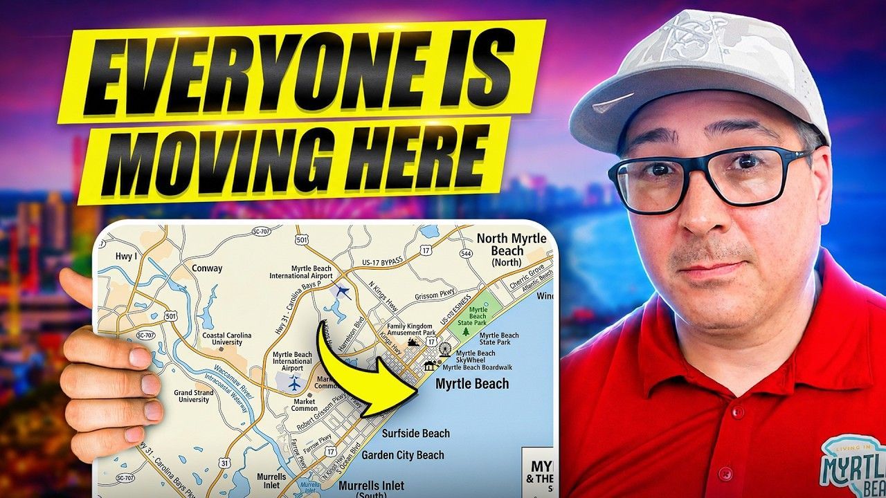 Man holding a map with “EVERYONE IS MOVING HERE” text and a yellow arrow pointing to a coastal region