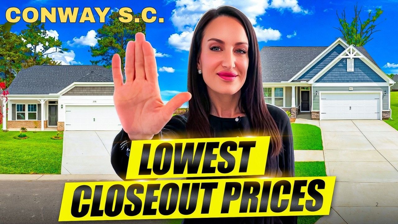 Woman in black shirt holding up hand in front of suburban house, with text “LOWEST CLOSEOUT PRICES” and “CONWAY S.C.”