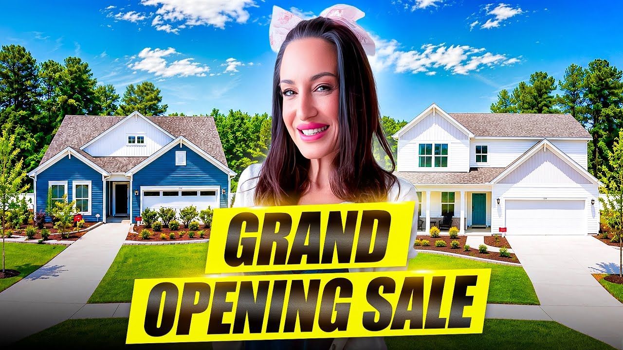 Woman in front of two homes with bold text “GRAND OPENING SALE” under a sunny blue sky