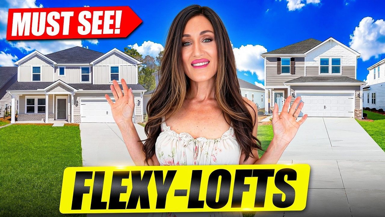 A woman smiles in front of two suburban houses under a blue sky, with the text 