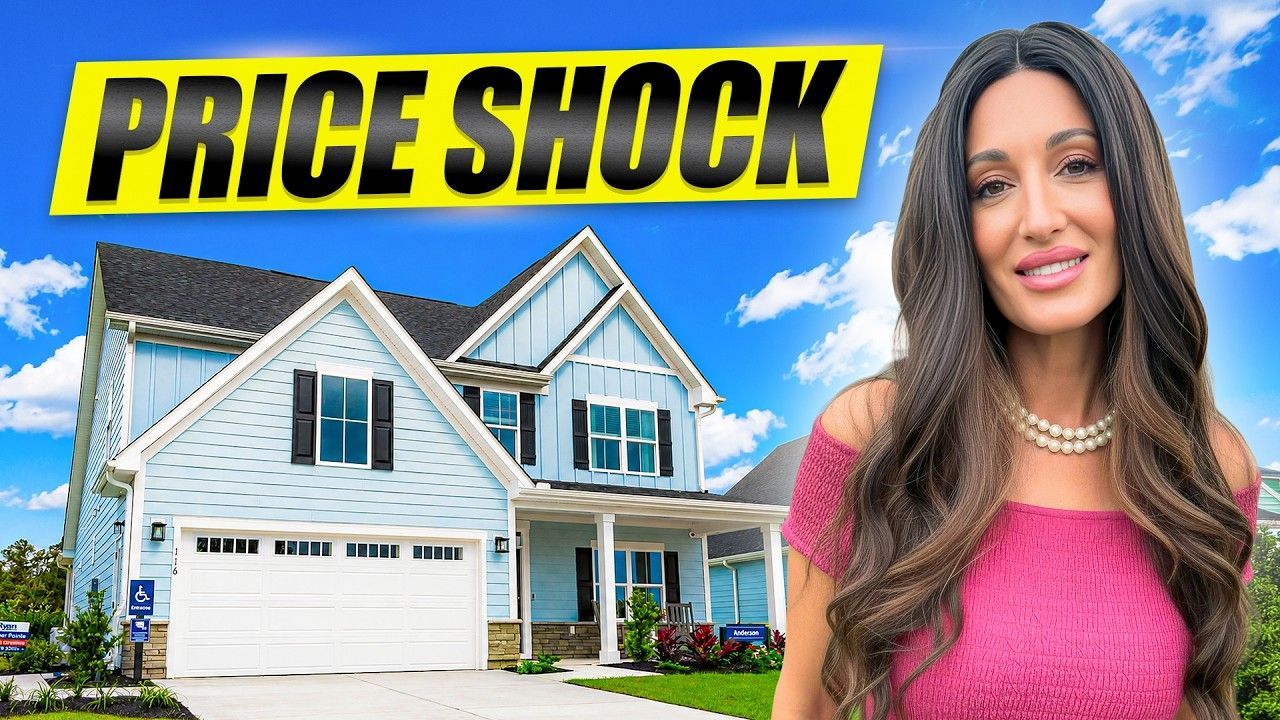 Woman beside a white house with bold yellow text reading “PRICE SHOCK” against a blue sky.