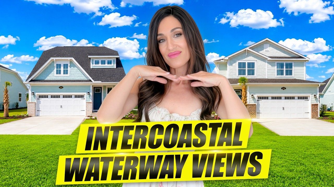 Woman in front of waterfront homes with bold yellow text: “INTERCOASTAL WATERWAY VIEWS”