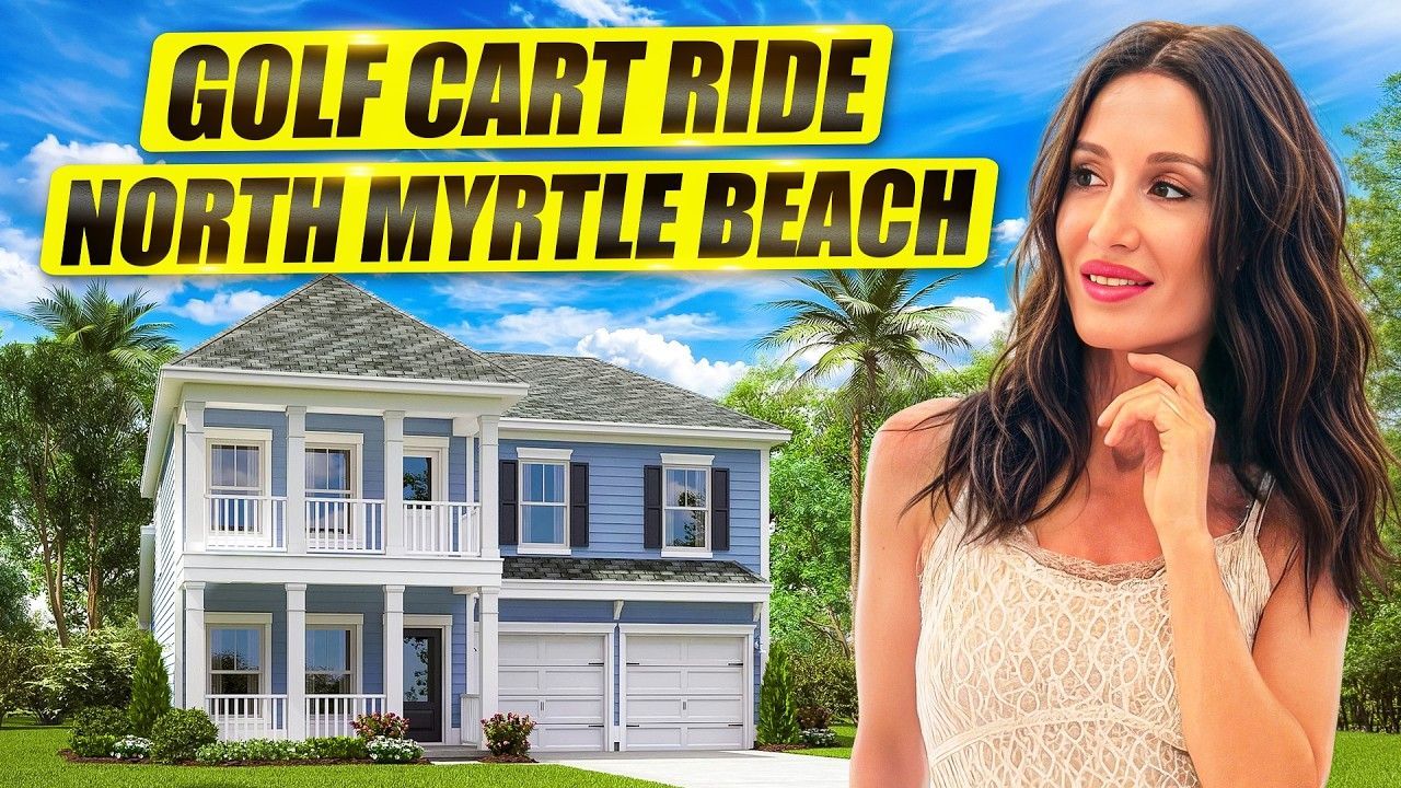 Thumbnail with bold text “GOLF CART RIDE NORTH MYRTLE BEACH,” house, and smiling woman outdoors