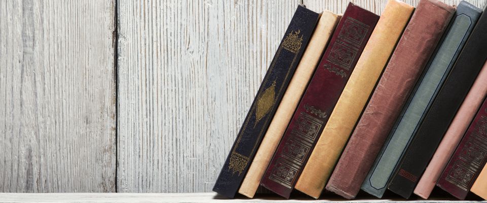 View of books with wide range of bookbinding  