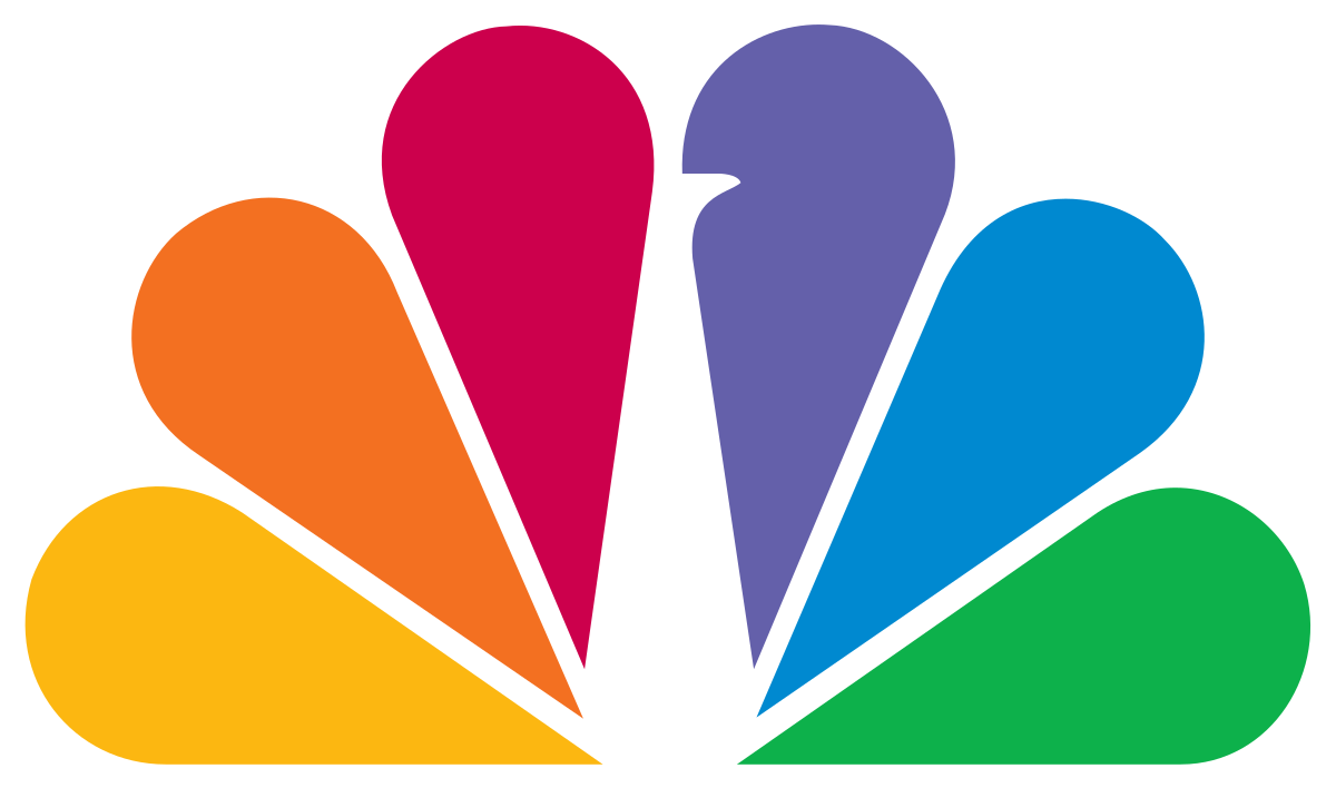 NBC logo, colorful peacock with six feathers, red, orange, yellow, green, blue, and purple.