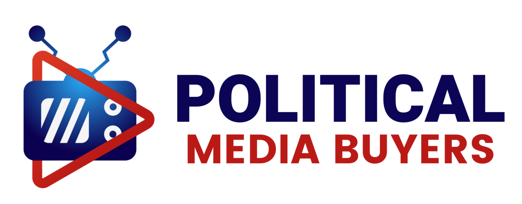Logo of Political Media Buyers featuring a TV icon inside a triangle, and text