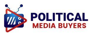 Logo of Political Media Buyers featuring a TV icon inside a triangle, and text