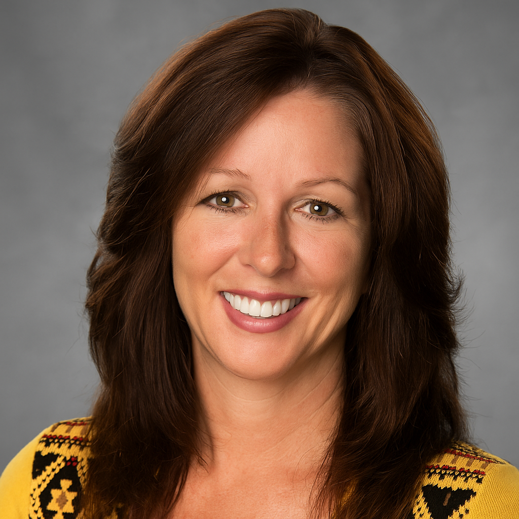 Woman with auburn hair smiles, wearing a patterned yellow sweater, indoors.