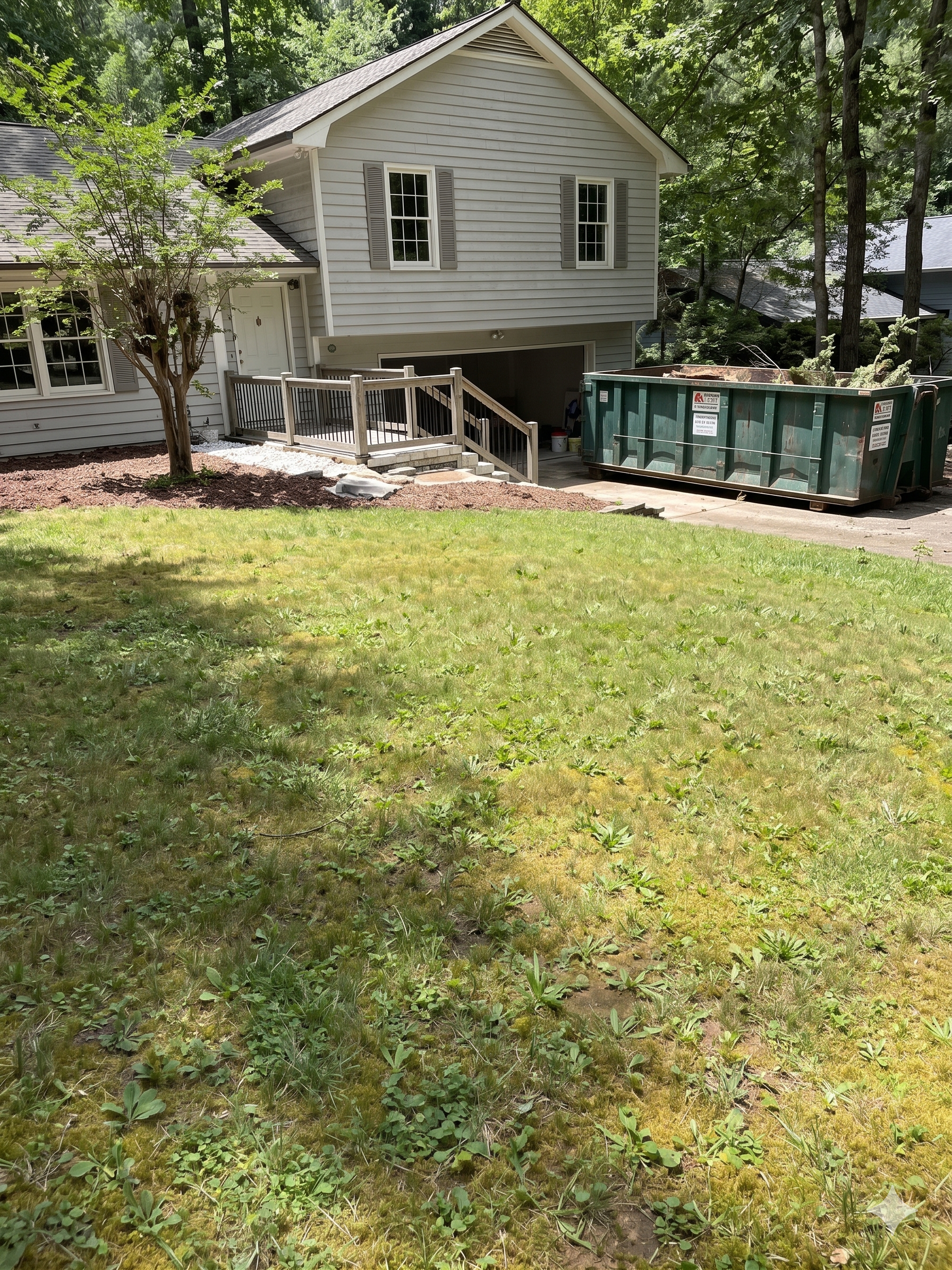 Person mowing a grassy yard with a push mower near trees and a driveway