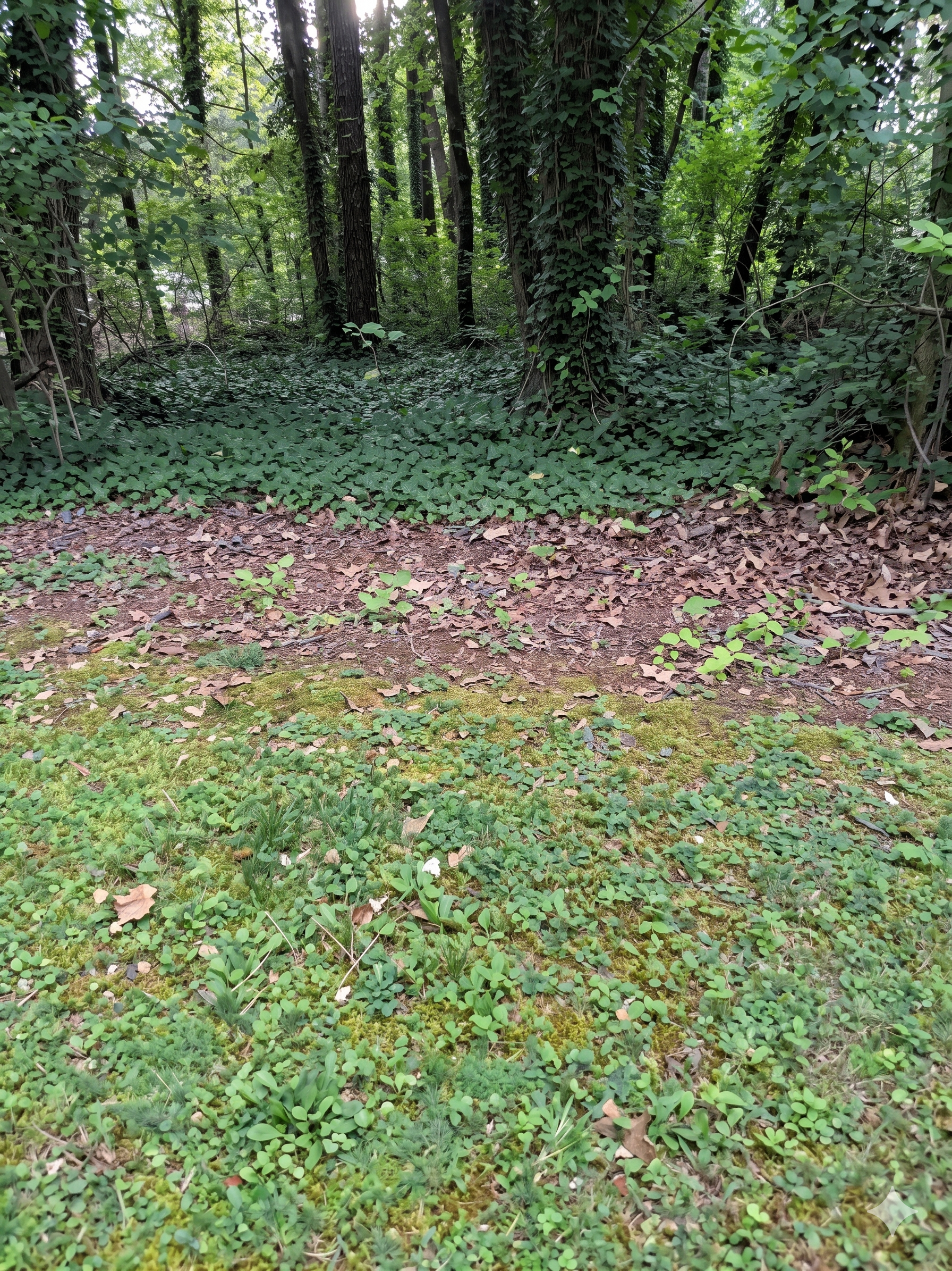 Lush green shrubs and leafy plants growing in a dense garden area.