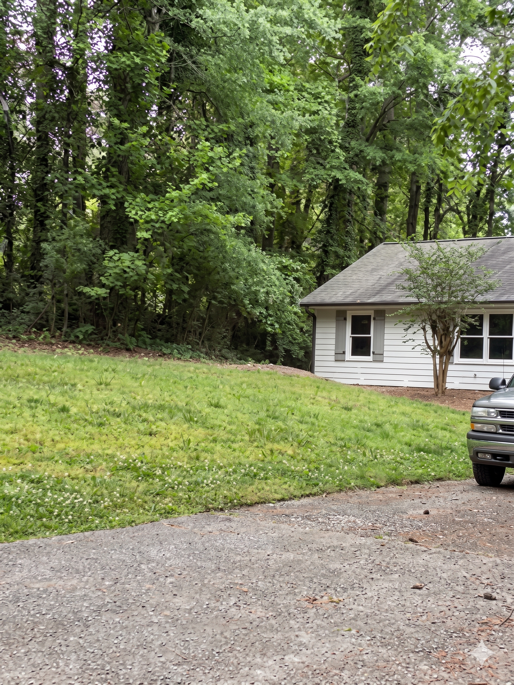 Small white house beside a wooded yard, with a driveway and parked SUV in front.