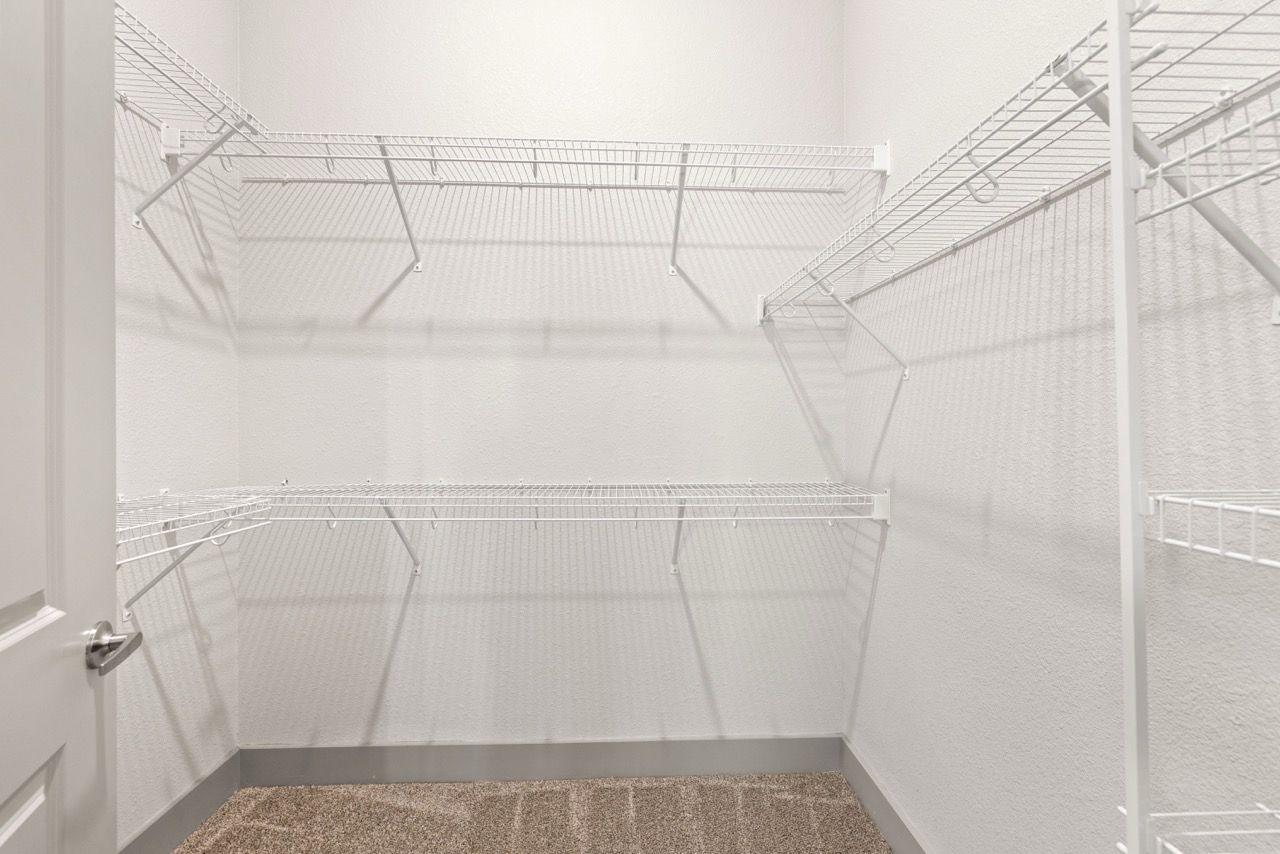 White walk-in closet with wire shelving along the walls and a carpeted floor.
