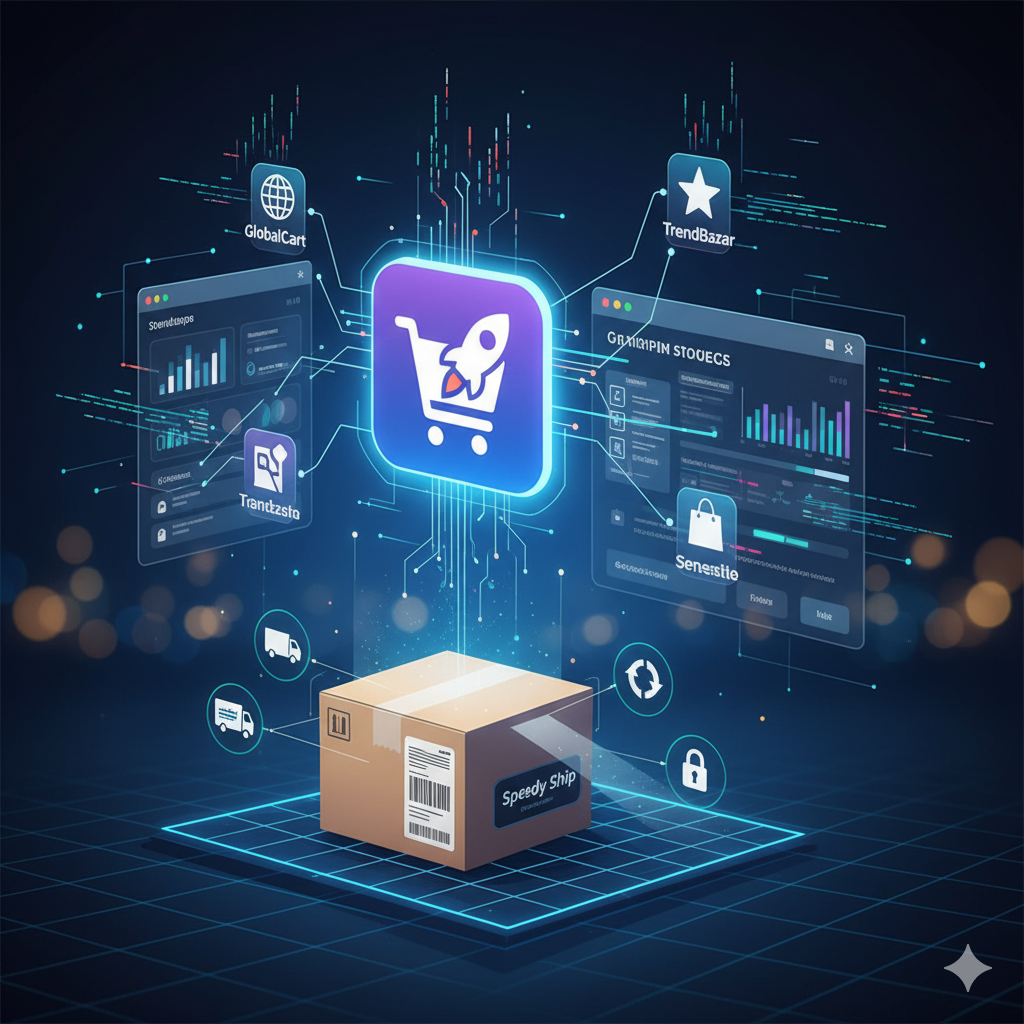 Digital e-commerce illustration: Shopping cart with rocket, connected to digital data, package on platform.