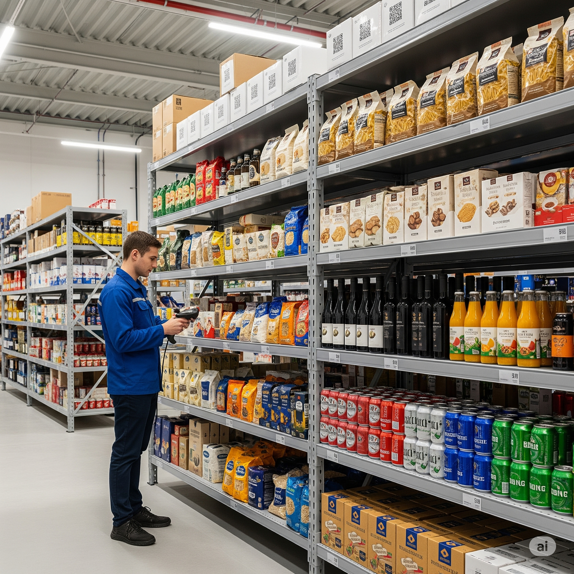 A man in a blue jacket is using a tablet in a grocery store