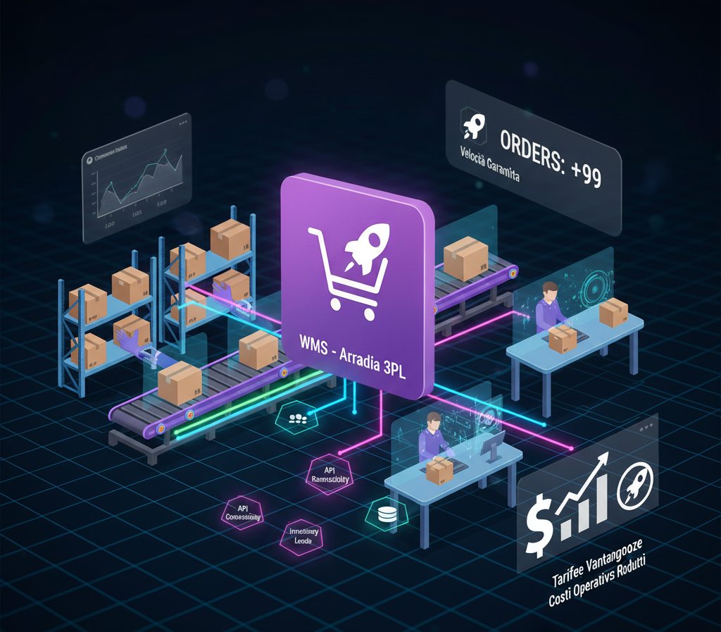 Warehouse with automated systems. Packages move through conveyors and are prepared by workers. Data visualizations in the background.