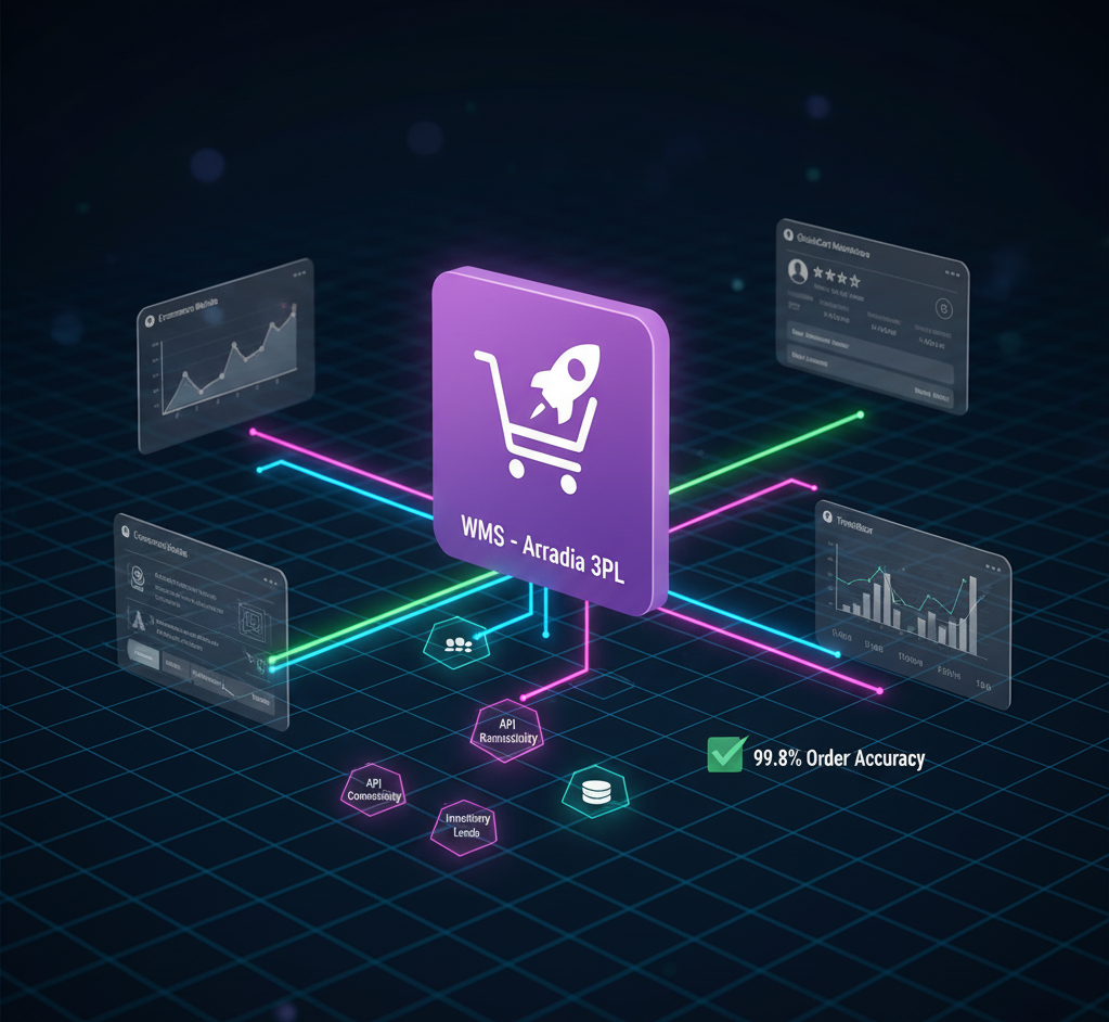Isometric graphic: Shopping cart icon with rocket, connected to data dashboards, with glowing lines, on a dark blue background.