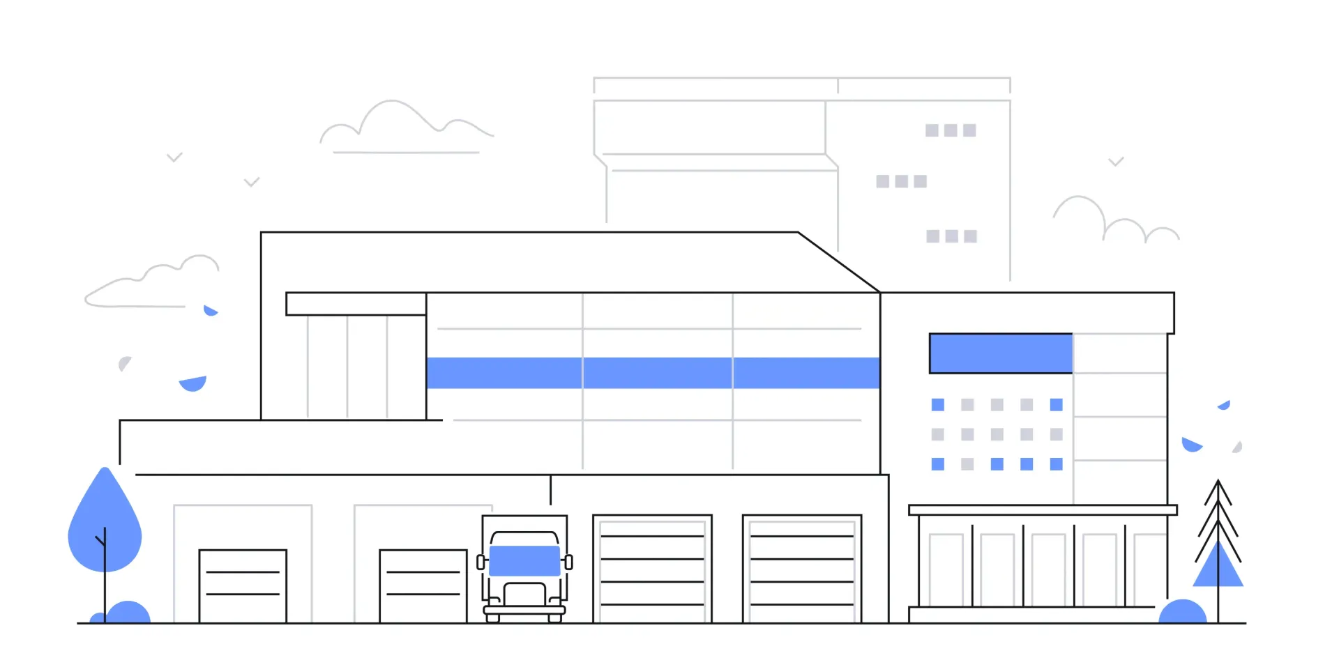Un disegno in bianco e nero di un grande edificio con alberi di fronte.