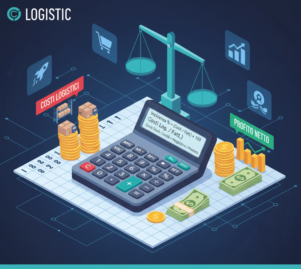 Isometric view of a calculator with financial icons, scales, and money, depicting logistics cost analysis and profit.