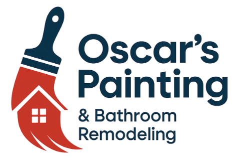 The logo for oscar 's painting and bathroom remodeling shows a brush with a house on it.