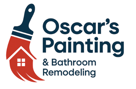 The logo for oscar 's painting and bathroom remodeling shows a brush with a house on it.