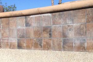 A close up of a tiled wall next to a pool.