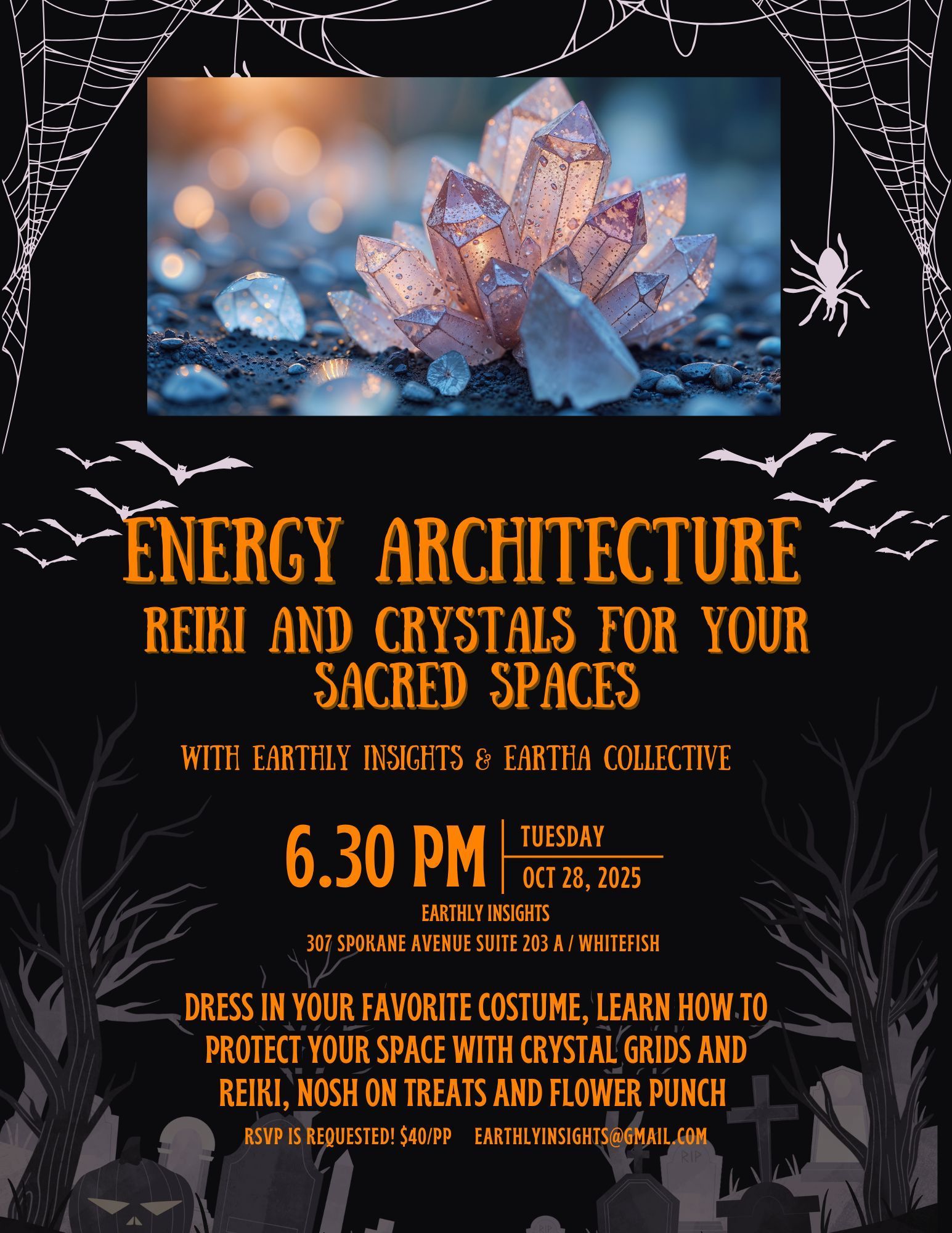 Poster of an event: "Energy Architecture, Reiki & Crystals for Your Sacred Spaces." Crystals, date/time, & Halloween imagery.