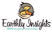 Earthly Insights Logo: hand cradling a horse head, dog, and cat. Text: Earthly Insights, WHOLE-istic Healing for Pets & People.