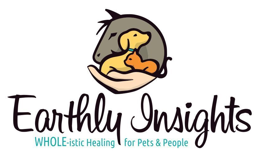 Earthly Insights Logo: hand cradling a horse head, dog, and cat. Text: Earthly Insights, WHOLE-istic Healing for Pets & People.