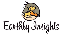Earthly Insights Logo: hand cradling a horse head, dog, and cat. Text: Earthly Insights, WHOLE-istic Healing for Pets & People.