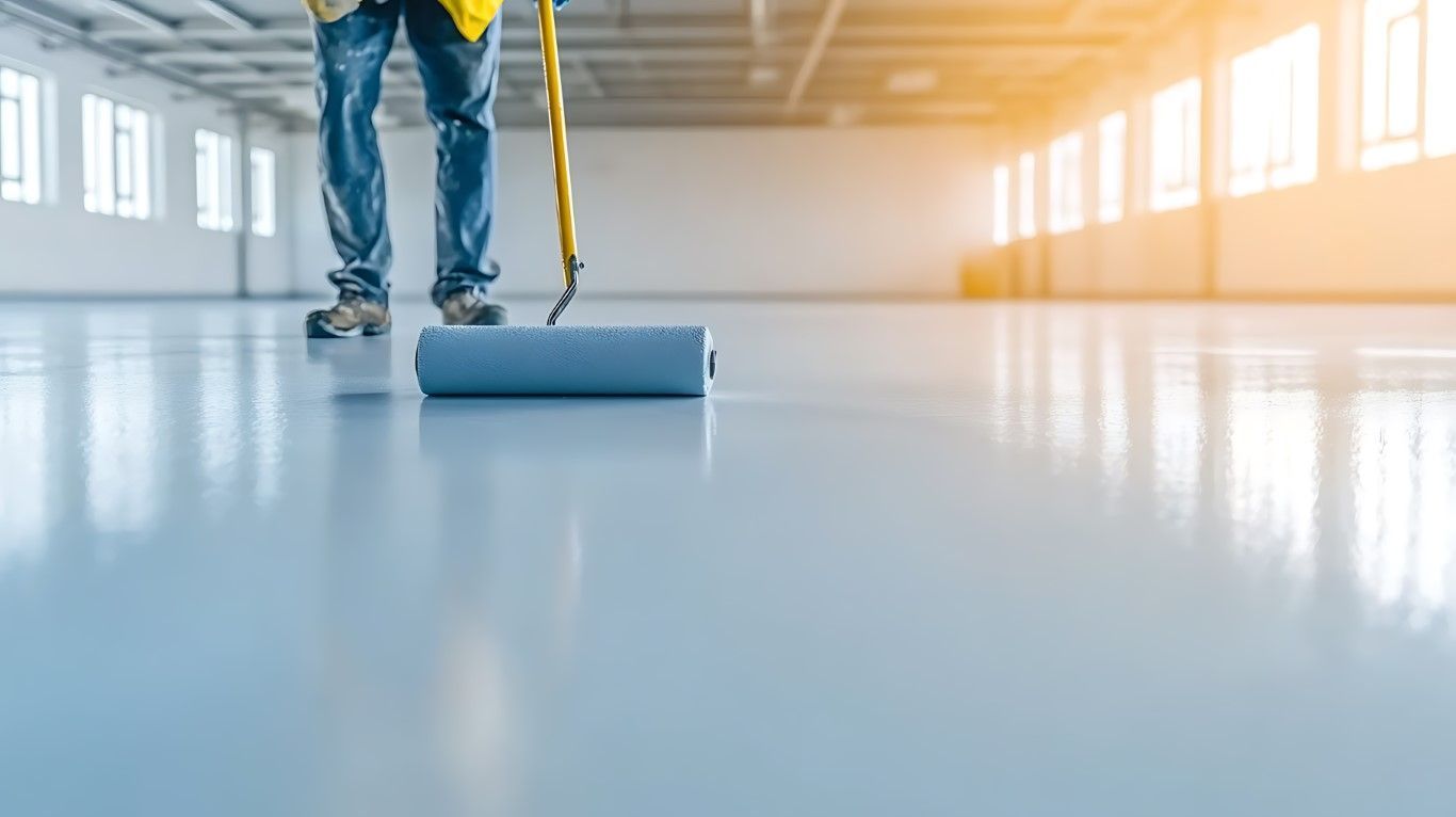 Person rolling blue epoxy coating on a shiny concrete floor in an empty room.