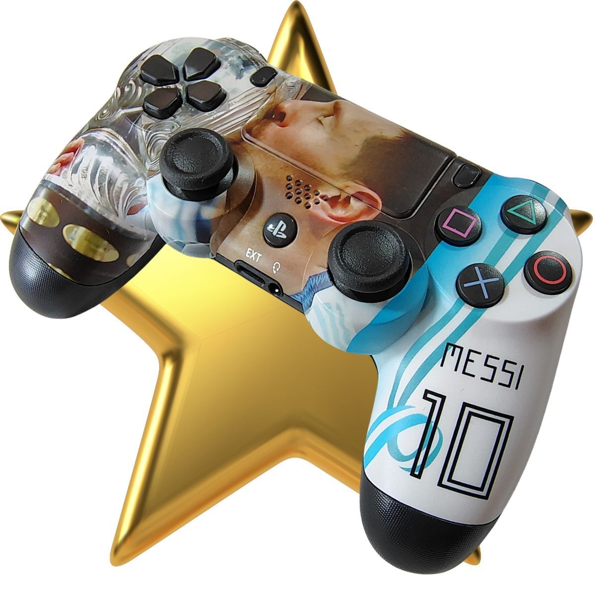 Tres controladores de Playstation 4 personalizados con Lionel Messi y los colores de la selección nacional de Argentina.