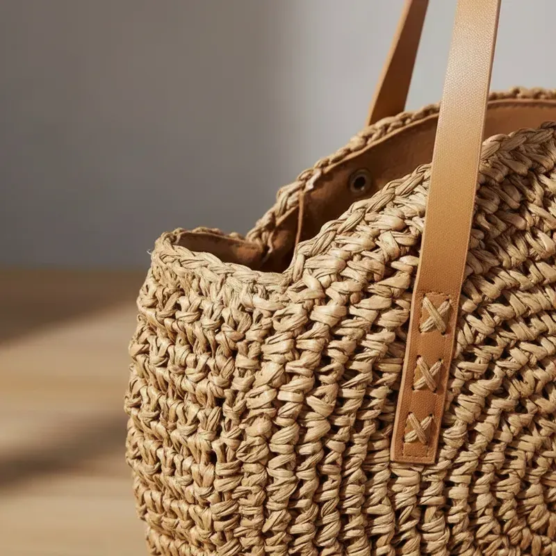Bolso de playa redondo de paja tejida con correas de cuero sobre una mesa de madera cerca del océano.