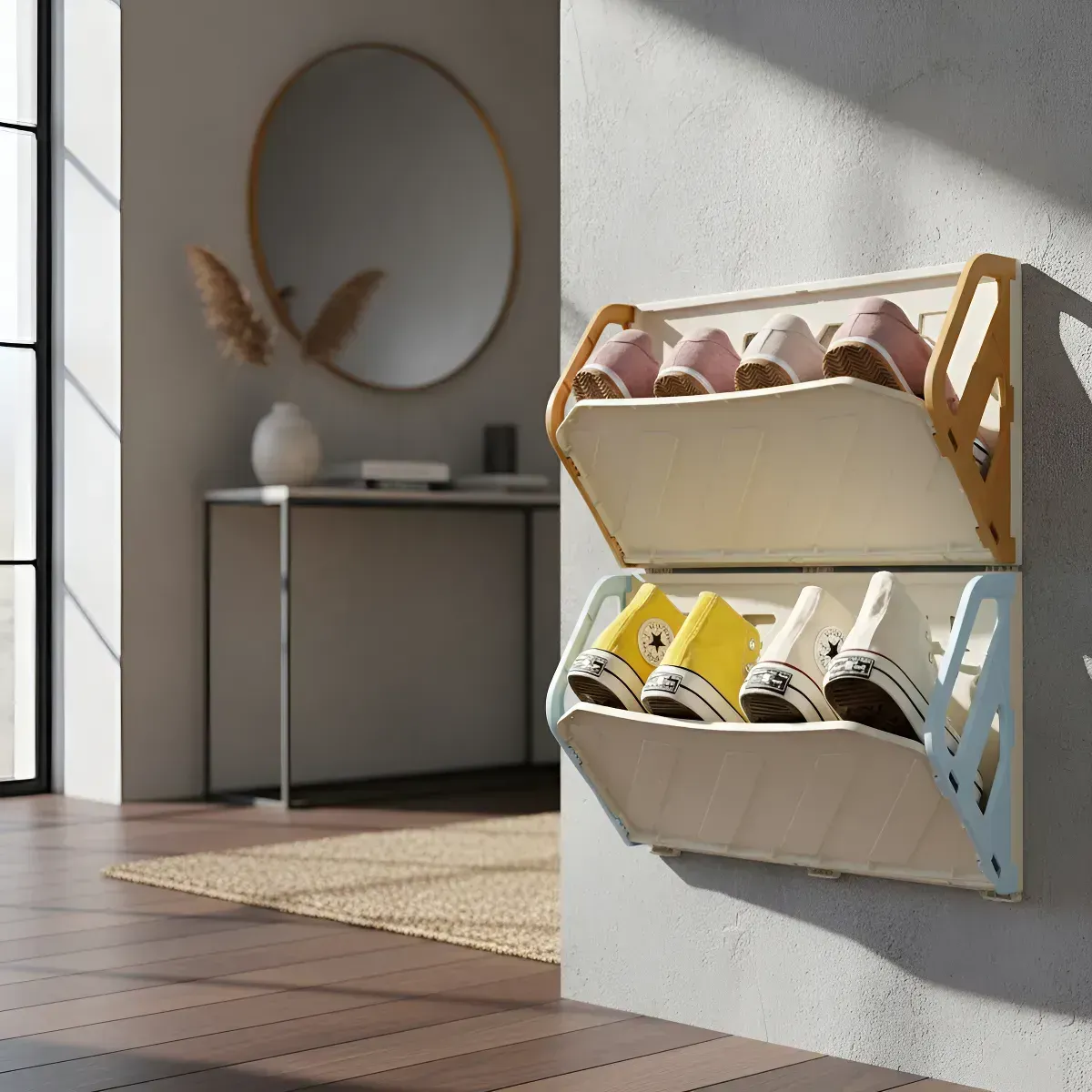 Dos zapateros de pared con zapatos dentro, junto a una puerta. Decoración moderna en beige y azul.